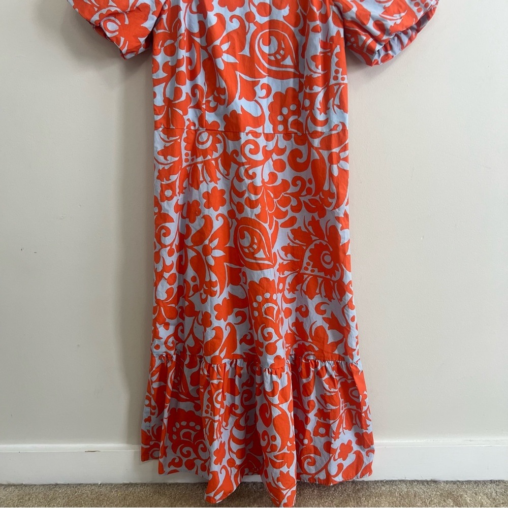 Talbots Orange Floral Puff Sleeve Poplin Midi Dress Spring Cotton Resortwear - Picture 4 of 10